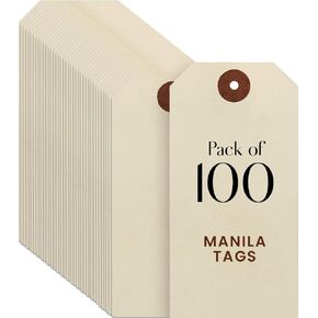 Blank Manila Shipping Tags Set of 100, Size #5, 9pt Paper Cardstock Hang Tag Label with Reinforced Eyelets, 4 3/4"x2 3/8" (No Attachments)