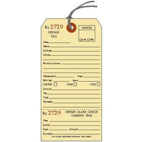 Repair Tags with Stub, Assorted Numbers, Manila cardstock, 6-1/4" x 3-1/8", Strung, Box of 500