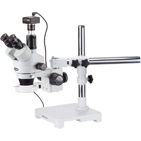 AmScope SM-3TZ-54S-M Digital Professional Trinocular Stereo Zoom Microscope, WH10x Eyepieces, 3.5X-90X Magnification, 0.7X-4.5X Zoom Objective, 54-Bulb LED Light, Single-Arm Boom Stand, 110V-240V, Includes 0.5X and 2.0X Barlow Lenses and 1.3MP Camera with