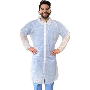 AMZ Disposable Lab Coat M. 35 GSM PP White Disposable Lab Coats for Adults. 10 Pack Knee-length Lab Coat with Long Sleeves, Elastic Wrists, Loop Fasteners. White Lab Coat No Pockets