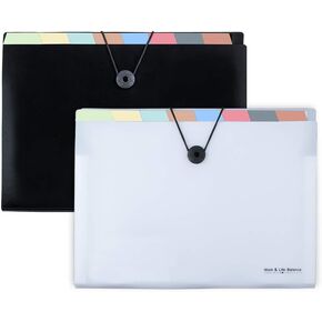 Uquelic 8 Pockets Expanding File Folder - Plastic Black Accordion Document Storage Organiser A4 Letter Size Expandable File Jacket Filing Wallets with Label (2Pack)