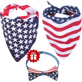 American Flag Dog Bandana Triangle Bibs Scarf Accessories Collar with Bow Tie for Dogs Pets Animals