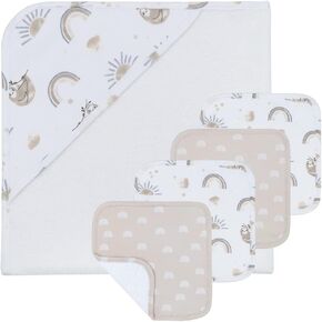Baby Hooded Towel 5pc Bath Gift Set - Up up and Away... -100% Cotton, Ultra Soft & Absorbent for Baby Essentials, Newborn Infant Delicate Skin & Gift Ideas (1pc Hooded Towel & 4pcs Washcloth)