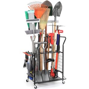 Garden Tool Storage Organizer, Yard Tool Storage for Garage, Shed, Garden Tool Rack Stand on Wheels, Up to 36 Long Handle Tool Storage, Steel, Black
