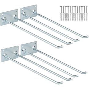 Wall Mounted Steel Long Handled Tools Storage Hooks, 12 Inch Steel Garage Utility Double Rack Organizing Ladders, Rakes, Hose, Shovel, Brooms, Max Capacity 55Lbs (Pack of 4)