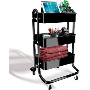 Zenithmarket Rolling Carts with Wheels, 3-Tier Slim Design, Metal Frame, Plastic Trays, Black Kitchen Cart for Groceries, Bathrooms, and Office Supplies, ZJ-7006