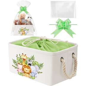 Rectangular Baby Storage Basket with Gift Bags Ribbons Collapsible Large Canvas Storage Bin with Handles for Organizing Toy Home DIY Gift Basket for Baby Shower Birthday Party(Jungle Theme)