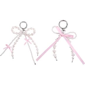2Pcs Pearl Bow Keychains for Women, Cute Bow Beaded Keyring Charms Aesthetic Bowknot Key Chains for Car Keys