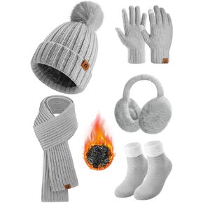 HEEKPEK Winter Beanie Hats Scarf Gloves Ear Muffs Fuzzy Socks 5pcs Set for Women Cold Weather Beanies Touch Screen Gloves