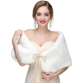 Jerany Women's Faux Fur Shawl Wraps Wedding Winter Faux Fur Scarf Bride Fur Stole Cape Fur Scarf for Bride and Bridesmaids
