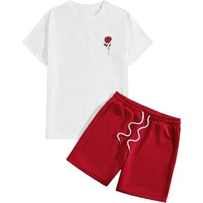 GORGLITTER Men's Rose Printed Short Sleeve Tee Shirt Drawstring Waist Shorts Set 2 Piece Outfits