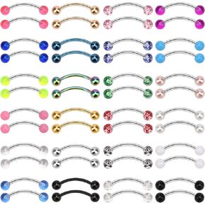 CrazyPiercing 14G Stainless Steel Eyebrow Ring, 48Pcs Curved Barbell Piercing Jewelry Snake Eyes Tongue Rings Nipple Rings Earrings Curved Eyebrow Jewelry for Women Men