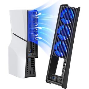 PS5 Slim Cooling Fan, KIWIHOME Efficient Cooling Accessories with 3 Fans, Quiet Cooler fan with Adjustable Speed, Smart Power On/Off, LED Light and USB3.0 Port for PS5 Slim Digital/Discs Edition