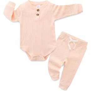 Hikido Newborn Baby Boy Girl Clothes Infant Ribbed Romper Cotton Long Sleeve Pant Sets for 0~18M Infant