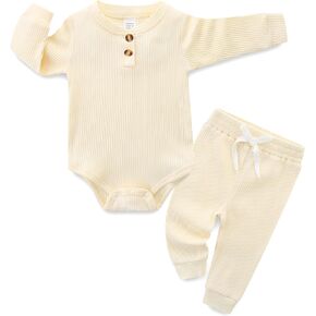 Hikido Newborn Baby Boy Girl Clothes Infant Ribbed Romper Cotton Long Sleeve Pant Sets for 0~18M Infant