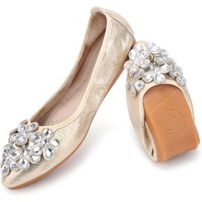 Kosseco Women's Ballet Flats,Pointed Toe Collapsible Rhinestones Shiny Rhinestone Comfort Slip-On Flats