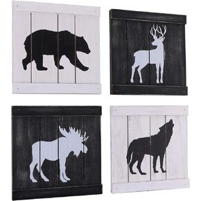 Rustic Cabin Decor Clearance, Wolf Deer Moose Bear Decorations for Home, Woodland Baby Boy Nursery Decor Room Decor, Moutain Decor, Cabin Lodge Wall Art Decor, Hunting Decor for Bedroom, Set of 4