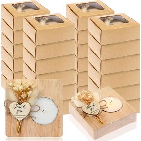 Menkxi Wedding Favors Candles Wedding Souvenirs for Guests Rustic Square Wedding Party Candle Tealight Candle Holders for Anniversary Engagement Bridal Baby Shower Party Favors (Light Wood,24 Sets)