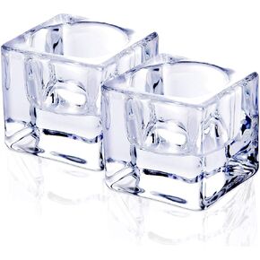 Clear Glass TeaLight Holders Set of 2, Solid Square Clear Glass Table Centerpiece for Ceremony, Wedding, Party & Home Decor
