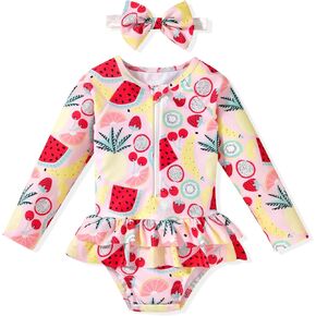 HIHA Toddler Baby Girl One Piece Long Sleeve Swimsuit Rashguard Set Summer with Headband in Kuwait