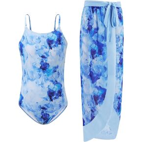 Patgoal Girls One Piece Swimsuit with Cover Up Wrap Skirt Set Teen Girl Tropical Two Piece Bathing Suit Beach Surf Swimwear