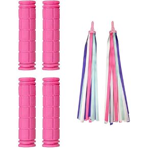 PLATT Kids Bicycle Handle Bar Grips 2 Pairs Colorful Rubber Mushroom Grips with Ribbons Streamers for Balance Bikes, Scooters, and Childrens BMX Bicycle Handlebars