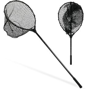 Black Paw Fishing Net Fish Landing Net with Soft Rubber Mesh Bag, Large Fish Net with Built in Length Scale