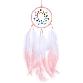 MANIFO 7 Chakra Crystals Dream Catchers Handmade Feather Beaded Healing Gemstone Dreamcatcher Hanging Ornament for Home Wall Decoration (Pink)