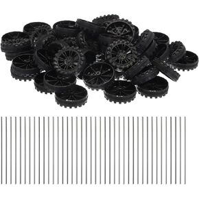 MECCANIXITY 50pcs Toy Car Wheels, 30mmx8mm Plastic Roll and 2mmx100mm Shaft Round Rod Axles for DIY RC Car Truck Boat Helicopter Model Part, Black