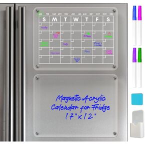 Acrylic Calendar for Fridge & Acrylic Fridge Dry Erase Board - Clear Magnetic Calendar for Fridge - Acrylic Magnetic Calendar for Fridge - Refrigerator Magnet - with 4 Markers and Dry Erase Eraser