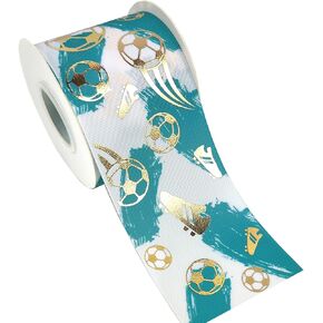 3" x 15 Yards Soccer Ribbon Gold Football Ribbon Printed Soccer Ball Pattern Grosgrain Ribbon for Crafts Sport Theme Party Decoration, Baby Shower, Gift Wrapping Supplies, Blue