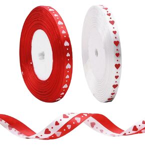 2Roll 100 Yards Grosgrain Valentines Day Ribbon,Red &White Love Heart Ribbon,Valentines Gift Wrapping Ribbon for DIY Crafts Flowers Presents Birthday Wedding Valentine Day Decoration,3/8 Inch Width