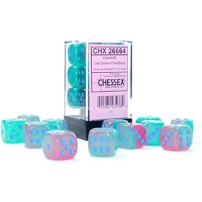 Gemini Dice Block | Set of 12 Size D6 Dice Designed for Board Games, Roleplaying Games and Miniature Games | Premium Quality 16 mm Dice | Luminary Gel Green, Pink and Blue Color | Made by Chessex