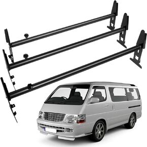OCPTY Extendable Pick-Up Truck Ladder Rack Van Roof Mount 77" Steel Ladder Rack for Chevy Express for Dodge for Ford for GMC 77" with Rain Gutters (No Drilling) 3 Bars Set - Black,800lbs Capacity