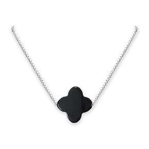 Black Onyx Clover Necklace for Women, Black Onyx Clover Bead on Sterling Silver Necklace Chain, Good Luck Charm Layering Choker Necklace (14 inches plus 2-inch extender)