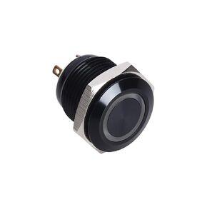 Push Button Switch GQ16F-10E/J, 16mm Push Button with Flat Round, 1NO,Ring Illuminated, Momentary(Reset) Type, Pin Terminal, R/G/Y/O/B/W, Aluminium Alloy(Black);(GQ16F-10E/J/G/12V/A(Momentary))