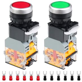 2 Pcs 24V 22mm Momentary Push Button Switch 10A 2 Color (Red/Green) LA38-11DN 1NO 1NC LED Indicator Light Switch for DIY with 20 Pcs Fork Terminal