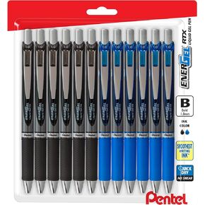 Pentel Energel Liquid Gel Pen- 1.0mm Bold 6 Black Ink & 6 Blue Ink Pens Energel, Bulk Pack of 12 Combo RTX Retractable Deluxe Liquid Gel Pen.