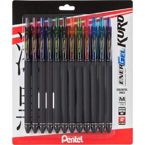 Pentel EnerGel Kuro Liquid Gel Pen, (0.7mm), Medium line, Assorted Ink, 12 Pack (BL437R1BP12M)