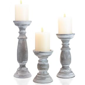 Farmhouse Wooden Candle Holders for Pillar Candles Set of 3, Rusitc Wood Candle Holder Table Centerpiece Decor, 12'' 9'' 6'' Vintage Tall Candle Stand Decorative,Rustic Grey in Kuwait