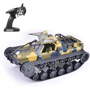 GoolRC RC Tank Car, 1/12 Scale 2.4GHz Remote Control Rechargeable Tank for Kids, 360° Rotating Vehicle Gifts for Boys Girls Teens (Black)
