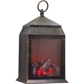 YAKii 12" H Fireplace Lantern 6 Super Bright LEDs 6 Hours Timer Battery Operated,Plastic Hanging Sitting Decoration Indoor & Outdoor Use,Christmas Day Decoration Antique Copper Brushed.