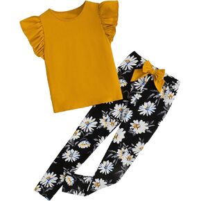 Floerns Girl's Ruffle Short Sleeve T Shirt and Floral Pants Set Two Piece Outfit