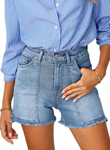 Sidefeel Women's Jean Shorts High Waisted Stretchy Frayed Raw Hem Casual Denim Shorts in Saudi Arabia