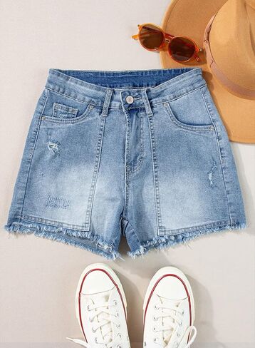 Sidefeel Women's Jean Shorts High Waisted Stretchy Frayed Raw Hem Casual Denim Shorts in Saudi Arabia