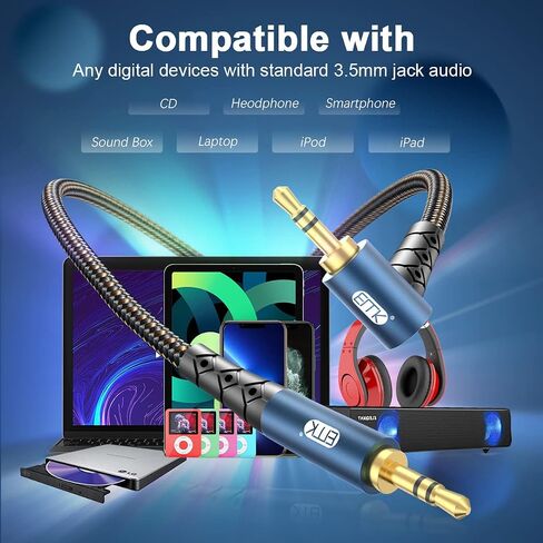 EMK 90 Degree Aux Cable 3.5 mm Auxiliary Cord Male to Male Stereo Aux Cable for Car 24K Gold Plated Hi-Fi Sound Quality Nylon Braided for Laptop Phone Tablet MP3 Player Stereo Speaker (5ft/1.5m) in Saudi Arabia