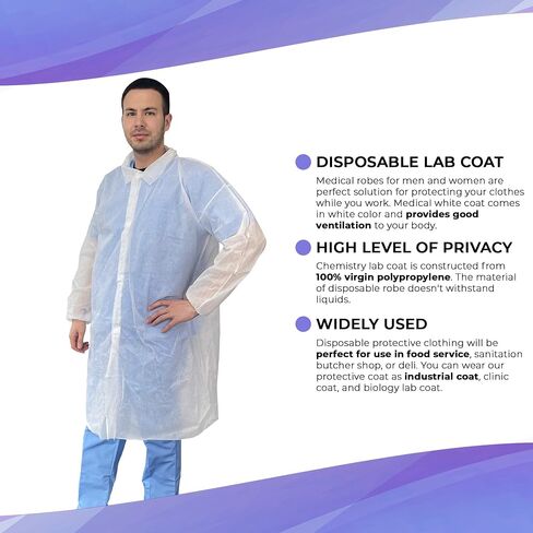 AMZ معطف المختبر القابل للتصرف 3XL. 35 GSM PP معاطف مختبر بيضاء يمكن التخلص منها للبالغين. عبوة من 10 قطع من معطف المختبر بطول الركبة وأكمام طويلة ومعصمين مطاطيين وحلقات تثبيت. معطف المختبر الأبيض لا جيوب in Kuwait