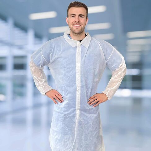 AMZ معطف المختبر القابل للتصرف 3XL. 35 GSM PP معاطف مختبر بيضاء يمكن التخلص منها للبالغين. عبوة من 10 قطع من معطف المختبر بطول الركبة وأكمام طويلة ومعصمين مطاطيين وحلقات تثبيت. معطف المختبر الأبيض لا جيوب in Kuwait