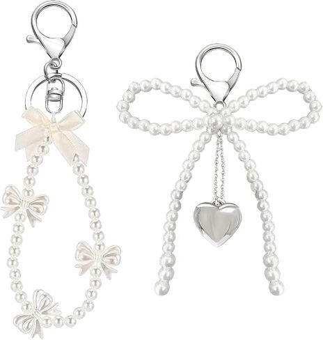 2Pcs Pearl Bow Keychains for Women, Cute Bow Beaded Keyring Charms Aesthetic Bowknot Key Chains for Car Keys in Saudi Arabia