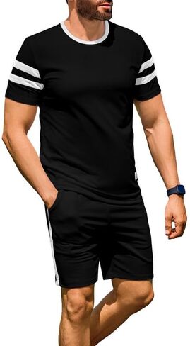 JMIERR Sweatsuit for Men 2 Piece Outfits Crewneck Summer Tracksuits Casual Stripe Short Sets in Saudi Arabia